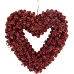 14" Red Valentine's Day Wooden Pinecone Rose Heart Wreath