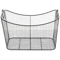30.25" Black Metal Open Frame Wire Grid Storage Basket with Curved Sides & Ring Handles