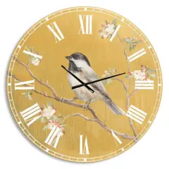 Designart 'Gold Bird On Blossoms Iv Farmhouse Wall Clock