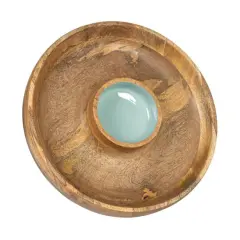 Hello Honey&reg; 13.75" Mango Wood with Blue Enamel Center 2 Section Lazy Susan Server