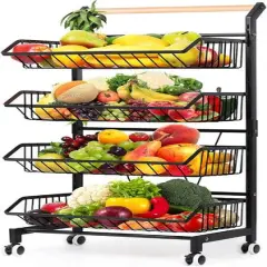 Black 4 Tier Fruit Vegetable Storage Basket Rolling Cart