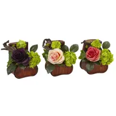 Rose and Mini Greenery Silk Arrangement in Wooden Chests (Set of 3)