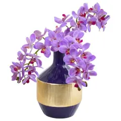 13" Moth Orchid Arrangement in Blue & Gold Vase Purple