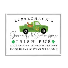 Stupell Industries Irish Pub Whimsical Leprechaun Green Shamrock Details Framed Giclee Art White