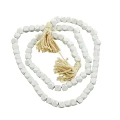 80" Bohemian Mango Wood Beads with Tassels Garland White