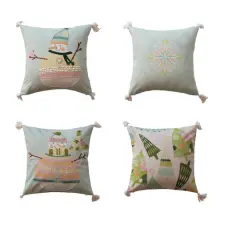 Hello Honey&reg; 18" x 18" Cotton Printed Pillow Set with Snowman, Embroidery, Tassels & Patterned Back