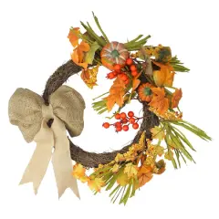 20" Autumn Harvest Decorative Artificial Pumpkins, Berries and Leaves Wreath with Burlap Bow