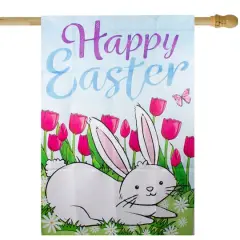 Colorful Happy Easter Bunny with Tulips House Flag