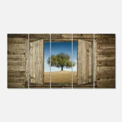 Designart - Window Open To Solitary Tree - Modern Landscape Canvas Art