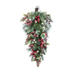 Glitzhome&reg; 28"H Christmas Red Pomegranate Berry & Holy Leaf Teardrop