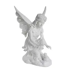 14.5" Fanciful White Kneeling Fairy & Frog Outdoor Statue