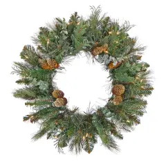 First Traditions&trade; 30'' Pre-Lit Artificial North Conway Wreath with Glittery Cones and Eucalyptus