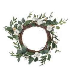18" Unlit White Cotton Flowers With Foliage Spring Twig Wreath