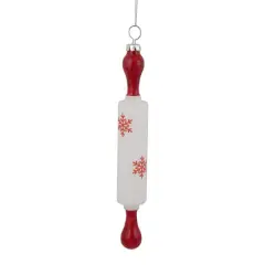 7" Red Snowflakes Rolling Pin Glass Christmas Ornament