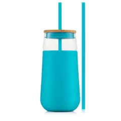 JoyJolt&reg; 20oz. Glass Tumbler with Straws & Silicone Sleeve Aqua