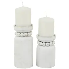 White Wood Beaded Pillar Candle Holder Set
