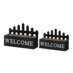 Glitzhome&reg; Black Wood WELCOME Fence-Inspired Planter Stand Set