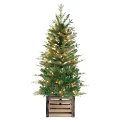 4ft. Pre-Lit Asheville Fir Artificial Christmas Tree with Wooden Crate Base, Clear Lights