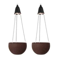 Glitzhome&reg; 30" Brown Solar Lighted Hanging Plastic Basket Planters, 2ct.
