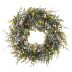 Village Lighting 30" Pre-Lit Rustic White Berry Christmas Wreath, Clear LED Lights