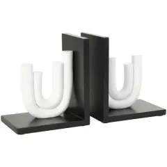 7" White MDF Abstract Layered U-Shaped Bookends with Black Stands Set
