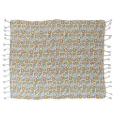 Hello Honey&reg; Woven Recycled Cotton Blend Printed Throw with Flowers and Braided Pom Pom Tassels, Sage and Mustard