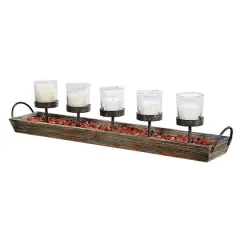 Hello Honey&reg; 5 Metal Votive Candle Holders in Rectangle Wood Tray