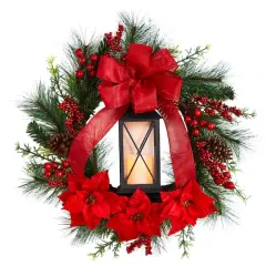 28" Poinsettia & Berry Holiday Lantern Christmas Wreath with LED Candle