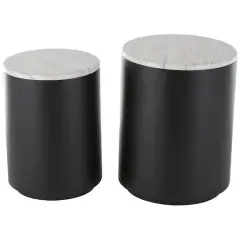 Black Metal Nesting Accent Table with Faux White Marble Top Set