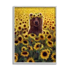 Stupell Industries Happy Bear Sunflower Field Framed Giclee Art Gray