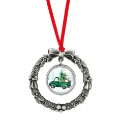 Wreath Ornament With Colorized Quarter Green Vintage Christmas Truck Coin