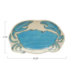 Hello Honey&reg; 12.2" Blue & Cream Stoneware Crab Shaped Plate with Wax Relief Illustration