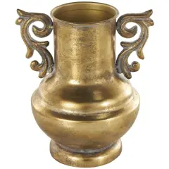 Gold Metal Weathered Vintage Amphora Decorative Vase with Scroll Handles