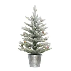 2 ft. Pre-Lit Flocked Table Top Artificial Christmas Tree In Metal Pot