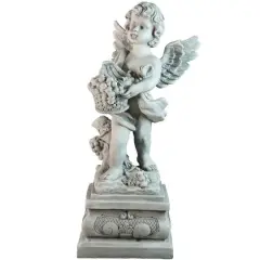 28.75" Gray Cherub Angel Standing on Pedestal Holding a Fruit Basket Outdoor Garden Statue