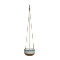 Hello Honey&reg; Blue, White & Brown Striped Stoneware Hanging Planter