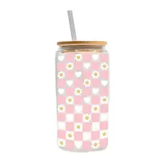 16oz. Pink Daisy and Heart Check Glass Can Cup