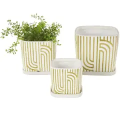Green Geometric Linear Arch Pattern Ceramic Planter Set