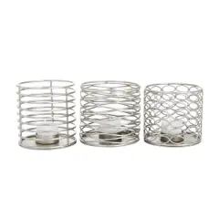 Set of 3 Silver Iron Modern Candle Holders, 4" x 4" x 4"