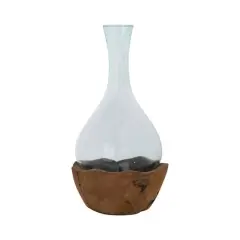 Hello Honey&reg; 16" Recycled Glass Vase with Teakwood Base