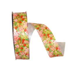 Reliant 1.33" x 109yd. Calico Floral Print Ribbon Multicolor Peach