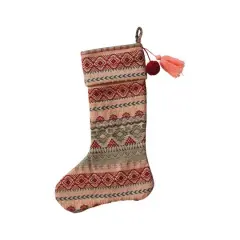 Hello Honey&reg; 20" Woven Acrylic Jacquard Stocking with Pattern, Metallic Gold Thread Embroidery, Tassel & Pom Pom