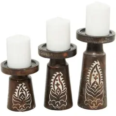 Mango Wood Round Carved Pillar Floral Candle Holder Set Dark Brown