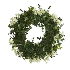 18" Eucalyptus & Dancing Daisy Double Ring Artificial Wreath With Twig Base