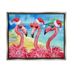 Stupell Industries Holiday Lights Flamingos Beach Gold Framed Floater Canvas Wall Art Gray
