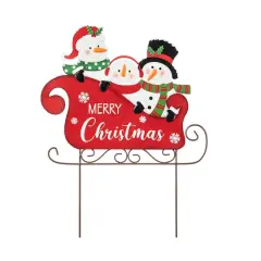 Glitzhome&reg; 24" Metal Snowmen Riding Sleigh Yard Stake