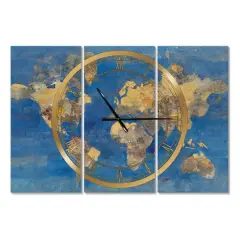 Designart Golden Glam World Map Traditional 3 Panel Wall Clock