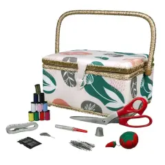 SINGER&reg; Large Tan Organic Print Sewing Basket with Sewing Scissors & Notions
