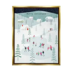 Stupell Industries Merry Christmas Winter Ice Skating Framed Floater Canvas Wall Art Gold