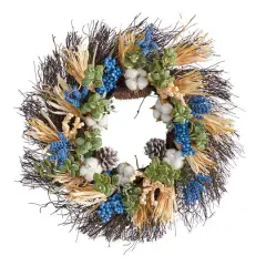 22" Cotton, Eucalyptus, Berries & Pinecones Artificial Fall Wreath
